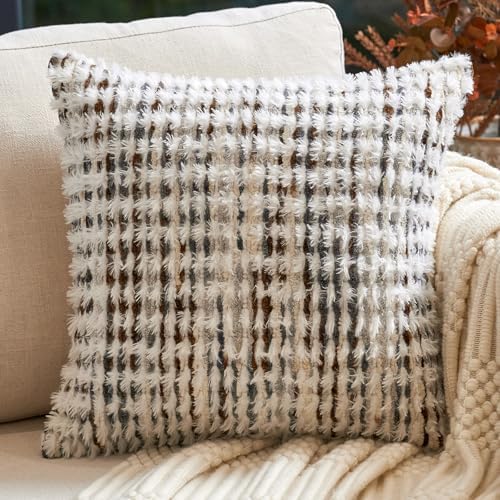 Aeckself Boho Chenille Tufted Pillow Cover 20 x 20 Inch, Decorative Square Throw Pillow Cover Neutral Pillowcase for Couch Bedroom Living Room, Brown White