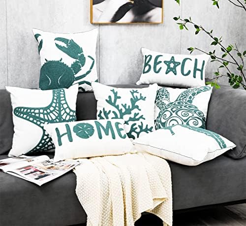 Embroidered Cute Nautical Animal Pillow Cover,Square 18 Inches Decorative Canvas Pillow Cover for Nautical Style Deco by (Seagreen-Sea Turtle)