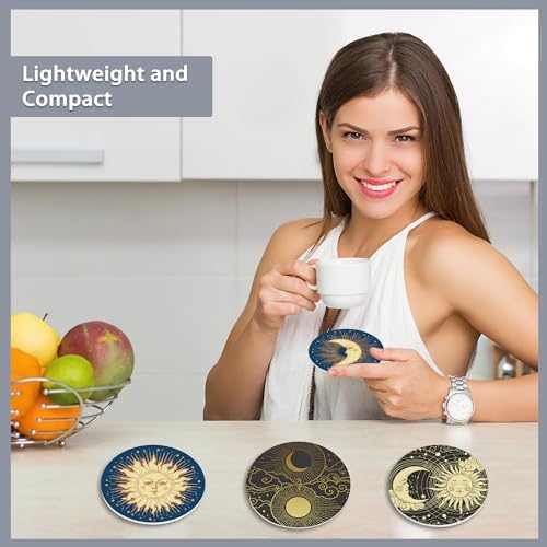 Drink Coasters Set of 6 with Holder,Gold Sun Moon Clouds Stars Absorbent Ceramic Coasters with Cork Base,Fit All Cups,Tabletop Protection Mat for Mugs and Cups,Office,Kitchen