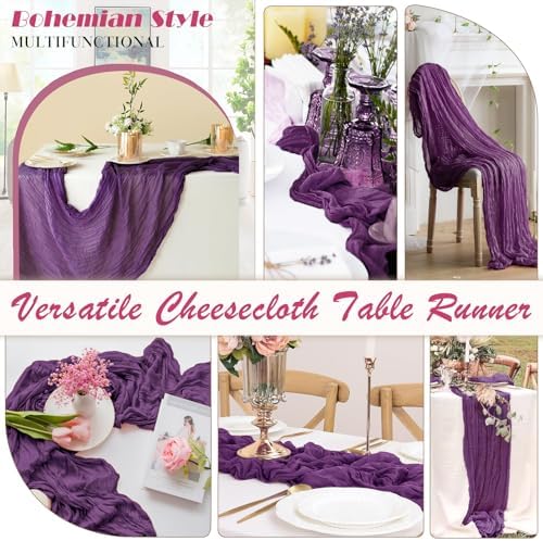 Plum Purple Cheesecloth Table Runner 2 Pack 35" Boho Gauze Table Runner 120 inches Long Runner Rustic Sheer Fabric Bulk for Baby Shower Wedding Bridal Birthday Party Table Decorations