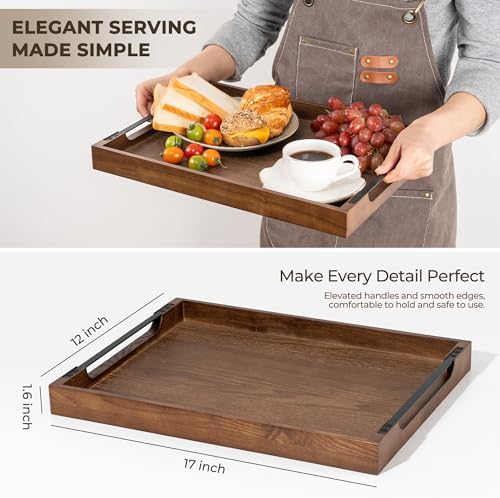 Axeman Wooden Serving Tray with Metal Handles|Ottoman Tray for Breakfast, Bed, Couch|17x13in Ash Wood Coffee Table Trays|Food Drinks Decorative Storage Boards for Ottoman Kitchen, Walnut