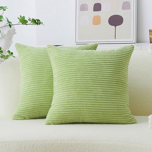 Home Brilliant Throw Pillow Covers 18x18 Set of 2 Super Soft Corduroy Striped Pillow Covers Decor Cushion Covers for Couch Bedroom Decor, 18 x 18 inch, Apple Green
