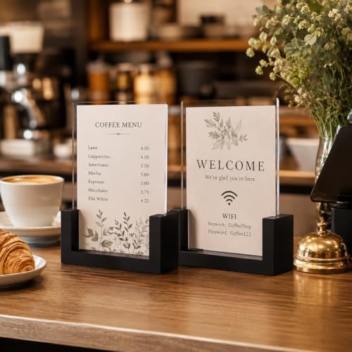 PETAFLOP 5x7 Picture Frame Set of 2, Black Rustic Wooden Photo Frames 5 by 7 Inch with HD Glass, U Shaped Double Sided Menu Holder Sign Card Stand for Tabletop Display