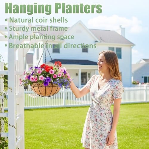 4 Pack 12 Inch Hanging Baskets for Plants Outdoor Metal Hanging Planters Round Hanging Flower Pots with Coco Coir Liner Plant Holder for Outdoor Patio Garden Balcony Decor - Flower Border