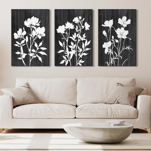 Black and White Silhouette Wall Art Abstract Flower Pictures Wall Decor Farmhouse Botanical Canvas Prints Rustic Floral Painting Poster Modern Artwork for Bedroom Living Room Decoration 24x36" 3Pcs