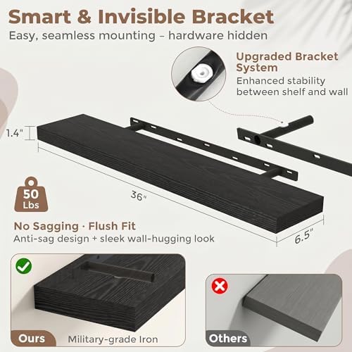 FLYJOE 36 Inch Floating Shelves for Wall Set of 2, 6.5" D Wood Grain Bathroom Shelves with Invisible Brackets, Easy Install Engineered Wood Storage Shelves for Kitchen, Living Room, Bedroom