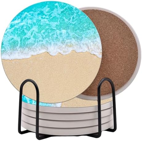 Ocean Coastal Theme Round Coasters Set of 6 - Abosrbent Ceramic Coasters with Metal Stand for Drinks, Beer, Coffee, Non-Slip Cork Back for Tabletop Protection, 4 Inches (Sand)