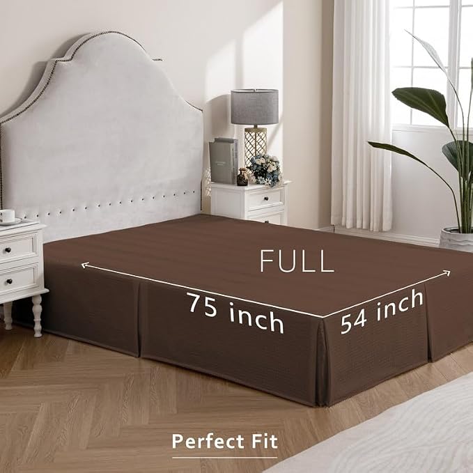 MIYE Pleated Waffle Weave Bed Skirt, Tailored Dust Ruffle 14 Inch Drop Easy Fit, Machine Washable (Brown, Full - 14" Drop)