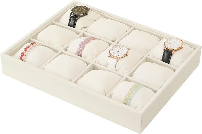 Coward Beige Velvet Watch Bangle Organizer Tray, Velvet 12 Grids Tray for Watches Bracelets Jade Bangle Holder Selling Show