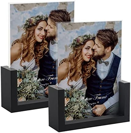 PETAFLOP 5x7 Picture Frame Set of 2, Black Rustic Wooden Photo Frames 5 by 7 Inch with HD Glass, U Shaped Double Sided Menu Holder Sign Card Stand for Tabletop Display