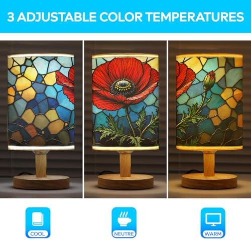 Poppy Table Lamp LED 3-Color Pressed Bedside, Poppy Shade Lamp with Wood Base for Bedroom Living Room Desk Office TL01
