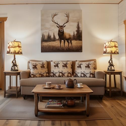 23'' Rustic Deer Antler Table Lamps Set of 2 for Log Cabin Bedroom Nightstand Western Country Side Lamp for Living Room End Table Study Room Desk, Brown, Forest Print Shade