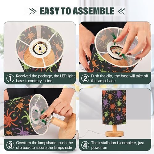 Table Lamp Colorful Spooky Spider Halloween Creepy Pattern Nightstand Lamp with Wood Base Fabric Lamp Shade Bedside Desk Lamp for Living Room Bedroom Kids Room Office