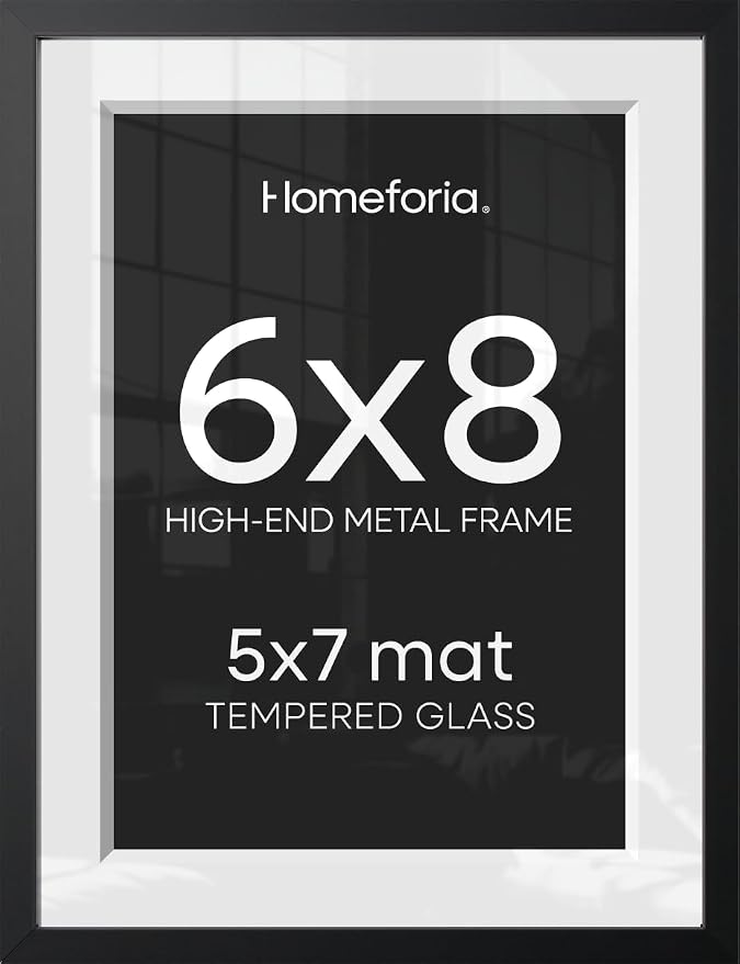 Homeforia 6x8 Black Picture Frame, High-End Metal, 5x7 Mat, Glass