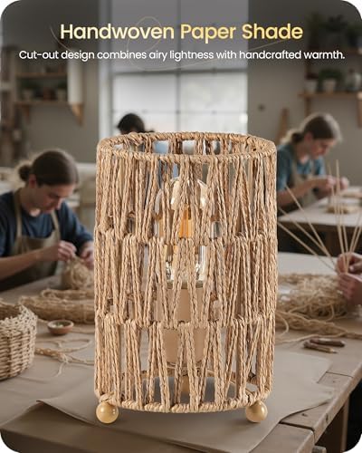 Small Rattan Table Lamps Set of 2, Boho Bedside Lamps Plug in, Handwoven Paper Rattan Lampshade, 2400K LED Bulb Included, Desk Lamp, Nightstand Lamp for Bedroom, Living Room, Mesh H11TLP205