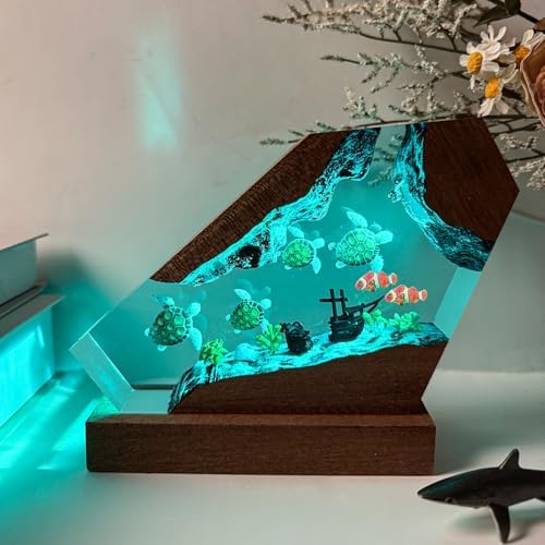 Handmade Turtles Resin Ocean Lamp with Wood Base