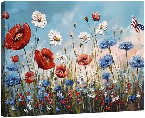 Patriotic Red White Blue Wildflower Wall Art, 4th of July Floral Canvas Prints, Framed Independence Day Wall Decor, American Flag Butterfly Artwork for Bedroom Office, Made in USA