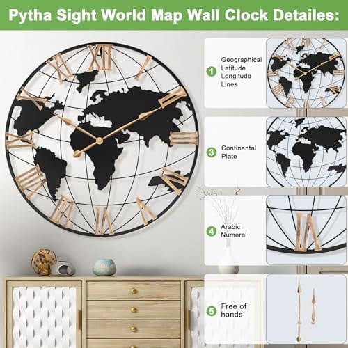Pytha Sight 36 Inch Large Extra Metal Oversized Roman World Map Wall Clock