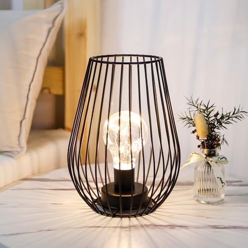 TRIROCKS Set of 12 Metal Cordless Table Lamp - 8'' Tall Cage Shape Battery Operated Lamp with Warm Fairy Lights Bulb for Indoor/Outdoor Use, Perfect for Christmas, Patio, Garden, and Weddings (Black)