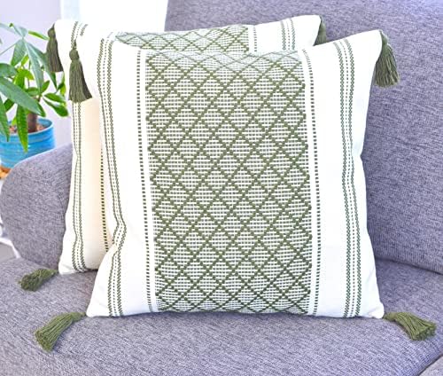 16x16 inch Boho Pillow Covers Indoor/Outdoor Olive Green - Set of 2 / Decorative Checkered Geometric Cushion Covers/Farmhouse Designer Woven Pillowcases/Modern Accent Cushion Covers