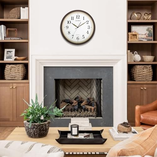 Caysie 16 Inch Large Silent Non Ticking Wall Clock, Quartz Battery Operated, Round Decorative Retro Brown Clock for Living Room, Bedroom, Kitchen, School, Office (Brown)