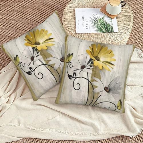 Yellow Floral Pillow Covers 20 x 20 Inch Set of 2 Daisy Floral Butterfly Decorative Throw Pillow Covers Linen Rustic Farmhouse Cushion Cases for Home Sofa Couch Living Room Decor