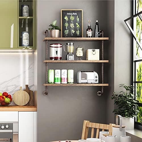 Helsin 3 Tier Industrial Pipe Shelf Rustic Wood Floating Wall Display Bookshelf Storage Rack Sundries Holder for Kitchen Office Bathroom Organization and Home Decor (32 Inch)