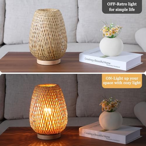 Rattan Table Lamp, Boho Bamboo Woven Small Beside Lamp, Vintage Wicker Wooden Nightstand Lights, End Table Lamp for Living Room Bedroom Desk, Kids Room
