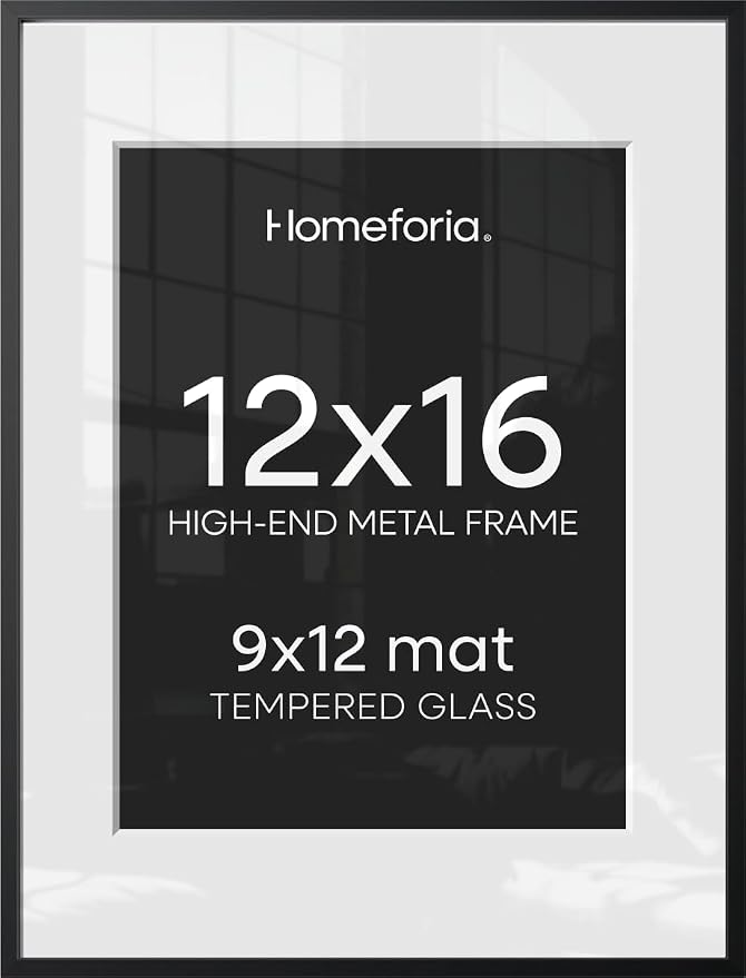 Homeforia 12x16 Black Picture Frame, High-End Metal, 9x12 Mat, Glass
