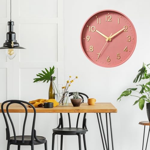 Mosewa 12 Inch Wall Clock Battery Operated Silent Non Ticking Analog | Pink Gold modern clock; oversized 3D easy-read dial for kitchen, bedroom & office; 1 AA battery (not included)