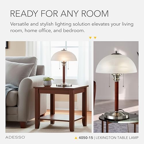 Adesso 2-Light Table Lamp, Walnut & Frosted Glass, Dual Pull Chains, 22.5”