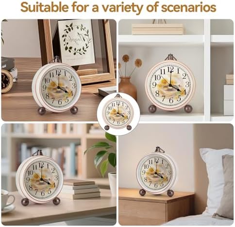 Classic Vintage Table Clock - 5.2in Analog Desk Clock, Silent Non-Ticking Clock with Distressed Metal Frame for Office, Living Room or Bedroom (Turntable)