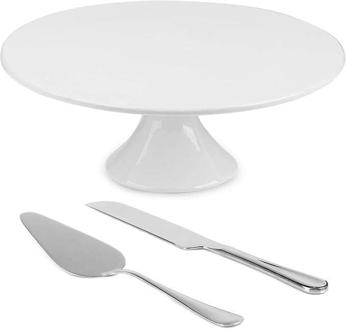 12 Inch White Porcelain Wedding Cake Stand with Knife and Server Set | Round Cake Plate Display Holder for Birthday, Baby Shower, Party Dessert Cupcake, Home Decorating Stand