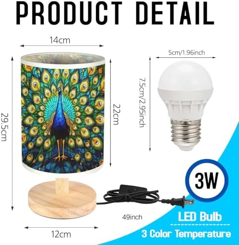 Peacock Table Lamp LED 3-Color Pressed Bedside, Peacock Shade Lamp with Wood Base for Bedroom Living Room Desk Office TL01