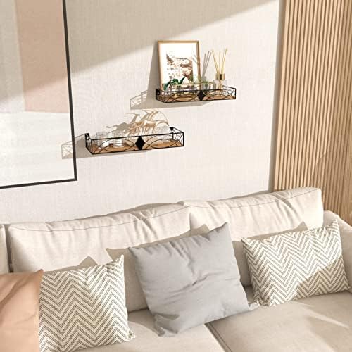 HORLIMER Floating Shelves for Wall Set of 2, Wooden Wall Shelves with Bars, Rustic Wall Mounted Shelves for Kitchen, Bathroom, Bedroom, Living Room, Rhombic Style