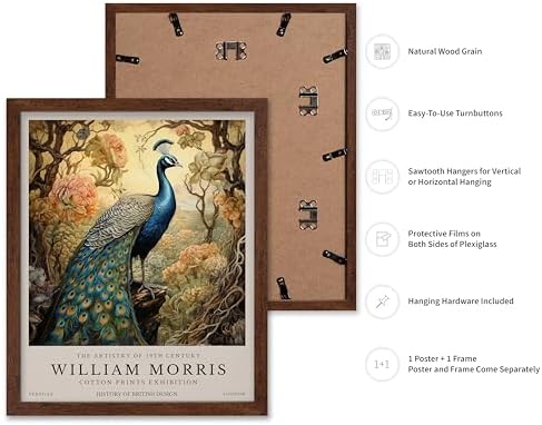 Poster Master William Morris Poster - Peacock Print - Bird Art - Botanical Design - Flower Art - Exhibition Display - Animal Illustration - Floral Design - Aesthetic Office or Bedroom Decor - 11x14 Brown Framed