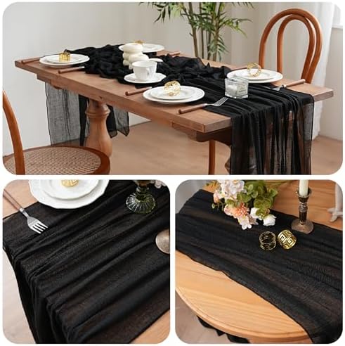 6Pcs Cheesecloth Table Runner Black 10FT Boho Gauze Cheese Cloth Table Runners 120 Inches Long Rustic Sheer for Centerpiece Home Party Christmas Wedding Baby Shower Spring Easter Decor