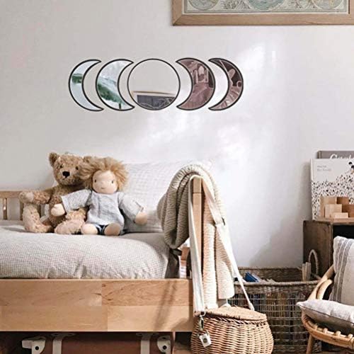 5 pcs Moon Phase Mirror Set Acrylic Wall Decorative Interior Design Wooden Moon Phase Mirror Bohemian Wall Decoration for Home Living Room Bedroom - Not Real Mirror (B)