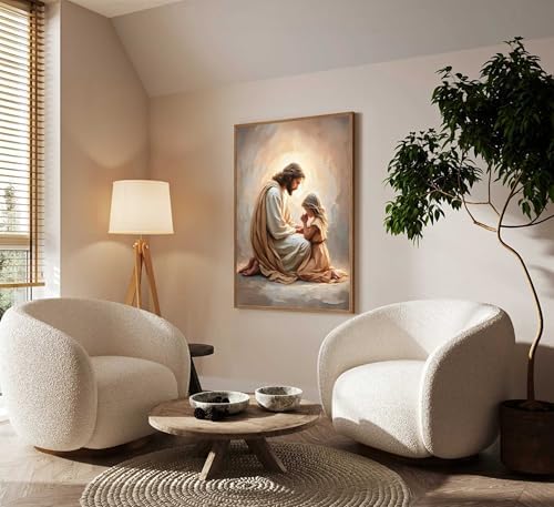 Jesus Praying with Girl Wall Art, Christian Canvas Art, Unframed, 16x12 in | Designed for bedrooms, churches, nurseries, or prayer spaces; depicts a comforting faith scene for families and believers.