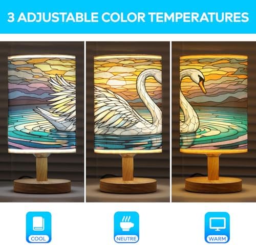 Swan Table Lamp LED 3-Color Pressed Bedside, Swan Shade Lamp with Wood Base for Bedroom Living Room Desk Office TL01