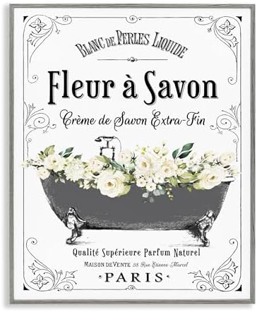 Stupell Industries 'Fleur a Savon Vintage Parisian Bathroom Floral Tub', Framed Giclee Art, Gray, 16 x 20 Inches, Easy to Hang and Sturdy, Made in USA, by Lettered and Lined