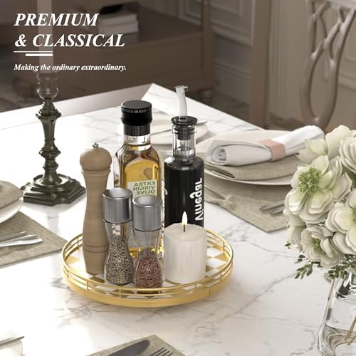 AMH 10-Inch Gold Checkerboard Lazy Susan Vanity Tray with Metal Rail