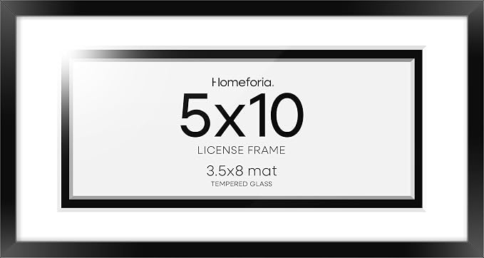 Homeforia 5x10 Black License Frame, High-End Metal, 3.5x8 Mat, Glass