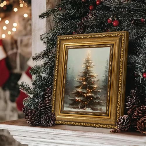 Fantasy Artists Christmas Framed Canvas Wall Art, Lighted Christmas Tree in Snowy Forest Gold Frame Print, Vintage Winter Holiday Decor for Living Room Bedroom Entryway, Ready to Hang, 8" Wx10 H