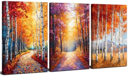 Orange Autumn Forest Wall Art Fall Forest Wall Decor Nature Woodland Pictures Gold Yellow Trees Landscape Canvas Prints Painting Botanical Artwork for Kitchen Living Room Home Decoration 24x36" 3Pcs