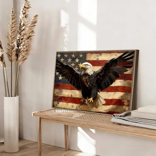 American Flag Framed Canvas Wall Art, 4th of July Patriotic Canvas Prints | USA Flag with Bald Eagle Poster Print, Vintage Independence Day Wall Decor for Bedroom Living Room 24×36in