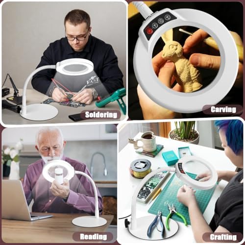 10X Magnifying Glass with Light and Stand, 5 Color Modes Stepless Dimmable LED Lighted Desk Lamp, Hands Free Flexible Gooseneck Magnifier with Light for Craft Hobby Painting Close Work - White