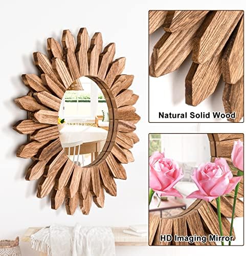 Emfogo Wall Mirror 12 inch Rustic Wood Sunburst Boho Mirror Wall Decor Home Decor for Bedroom Living Room Entryway Farmhouse (Carbonized Black)