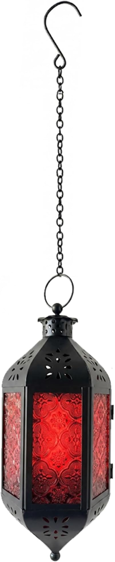 Vela Lanterns Hanging Moroccan Lantern with LED Twinkle Fairy Lights - Exotic Decorative Patio & Porch Decor, Indoor Outdoor Candle Lamp Holder with Chain (13" Large, Red Glass)