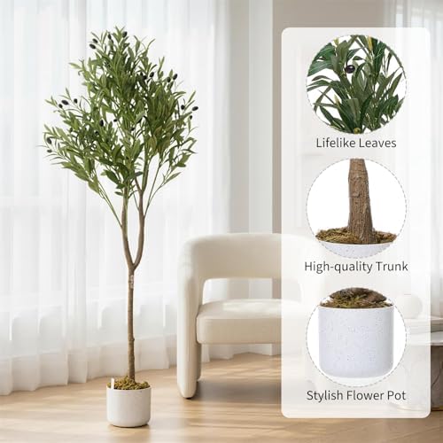 4.3FT Artificial Olive Tree with Lifelike Leaves & 44 Fruits, Faux Olive Tree in Pot, Evergreen Fake Plants Artificial Plants Indoor for Office Outdoor Modern Farmhouse Decor